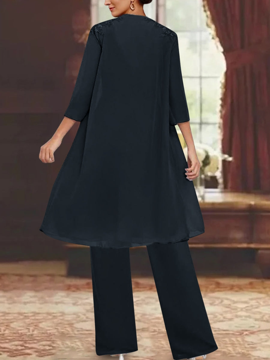 Chiffon V Neck 3 4 Sleeves Appliques Mother Of The Bride Pantsuits With Jacket Ankle Length