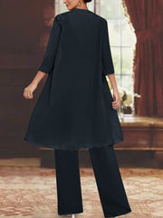 Chiffon V Neck 3 4 Sleeves Appliques Mother Of The Bride Pantsuits With Jacket Ankle Length