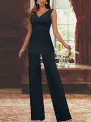 Chiffon V Neck 3 4 Sleeves Appliques Mother Of The Bride Pantsuits With Jacket Ankle Length