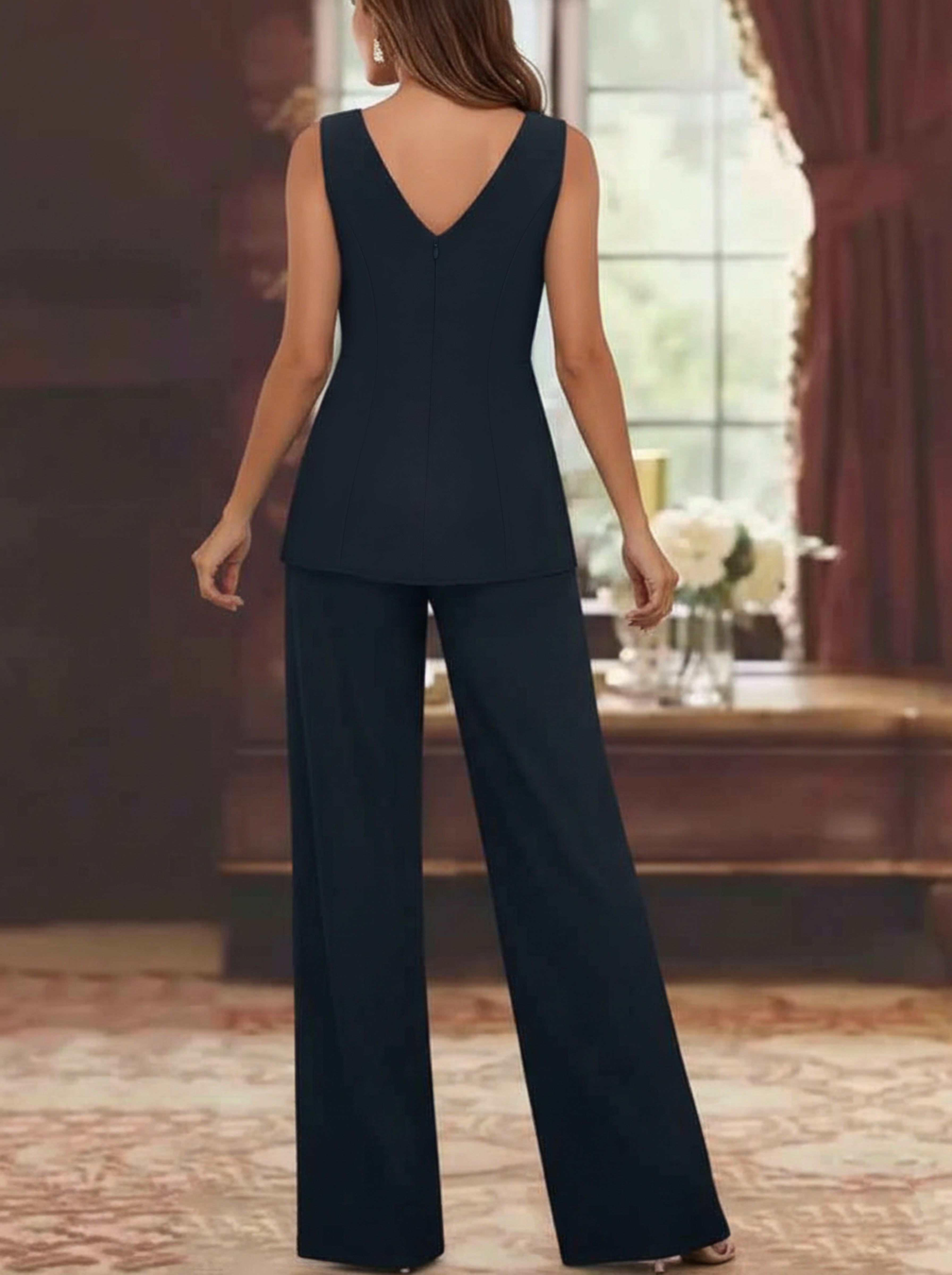 Chiffon V Neck 3 4 Sleeves Appliques Mother Of The Bride Pantsuits With Jacket Ankle Length