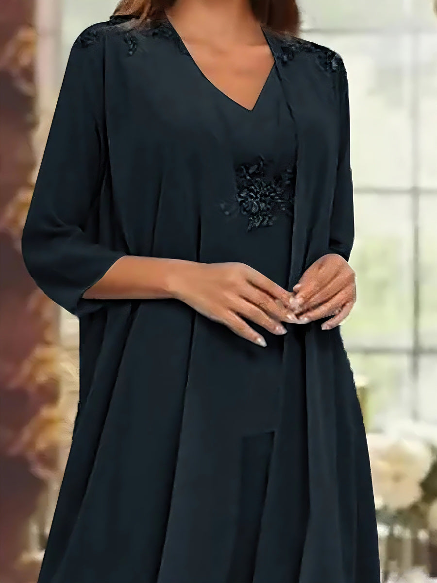 Chiffon V Neck 3 4 Sleeves Appliques Mother Of The Bride Pantsuits With Jacket Ankle Length