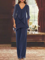 Chiffon V Neck Half Sleeves Mother Of The Bride Pantsuits With Ruffles Ankle Length