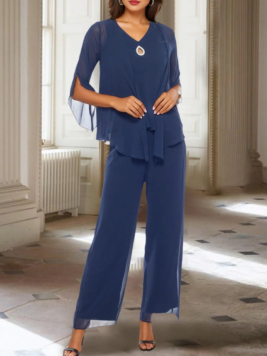 Chiffon V Neck 3 4 Sleeves Mother Of The Bride Pantsuits With Jacket Ankle Length