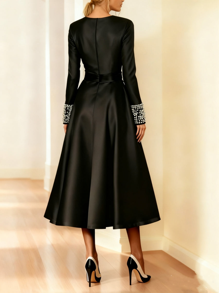 A Line Princess Long Sleeves Jewel Neck Mother Of The Bride Dresses With Beading Tea Length
