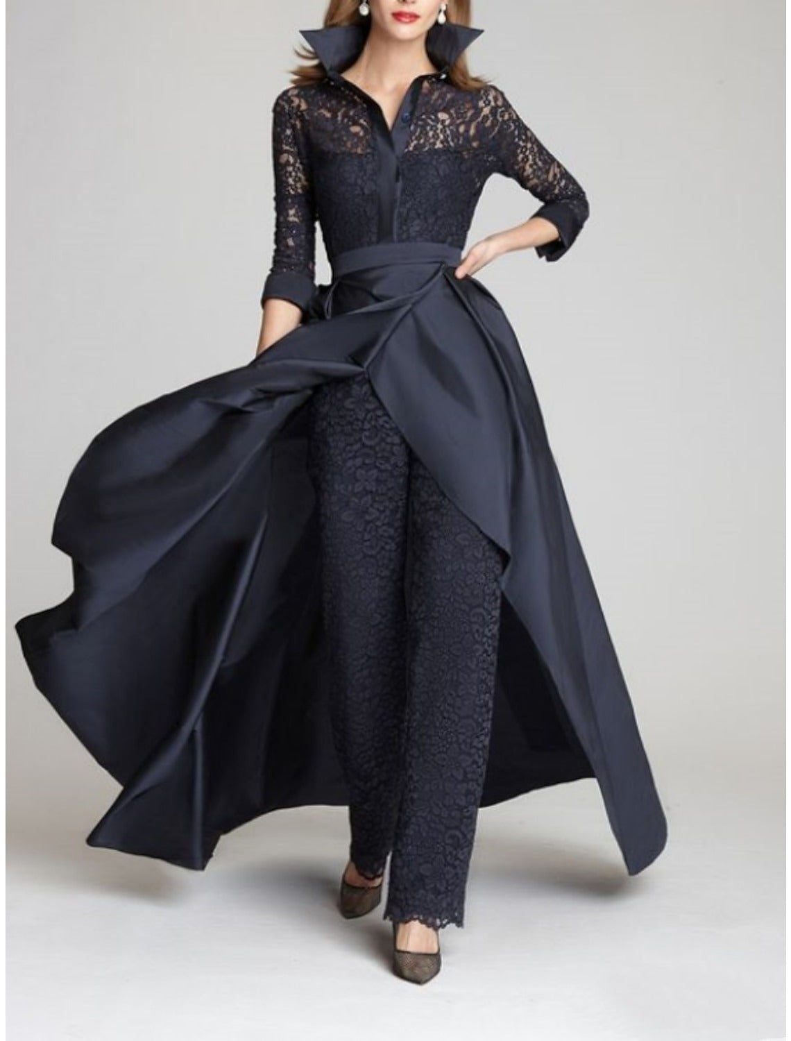 3 4 Sleeves 2 Pieces Mother Of The Bride Pantsuits Lace Shirt Collar Jumpsuit Ruched Detachable