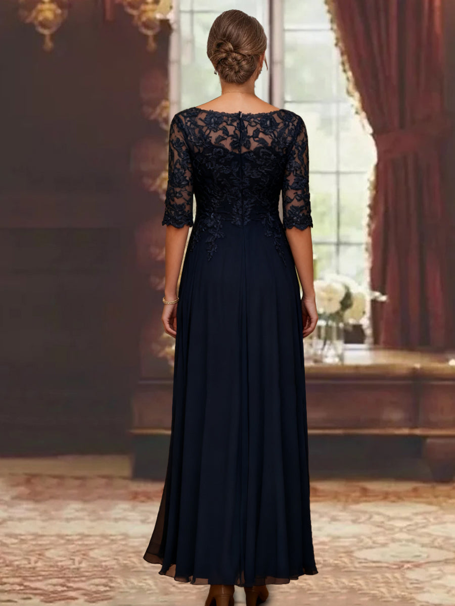 A Line Princess Chiffon Scoop Half Sleeves Mother Of The Bride Dresses Lace Ankle Length