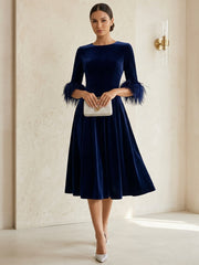 A Line Princess Scoop Velvet Mother Of The Bride Dresses Half Sleeves Feather Trimmed