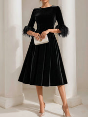 A Line Princess Scoop Velvet Mother Of The Bride Dresses Half Sleeves Feather Trimmed