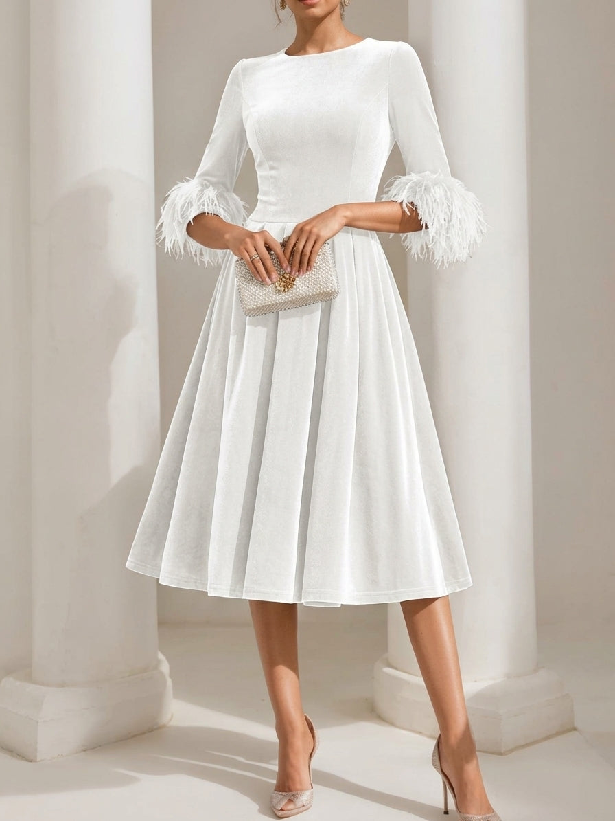 A Line Princess Scoop Velvet Mother Of The Bride Dresses Half Sleeves Feather Trimmed