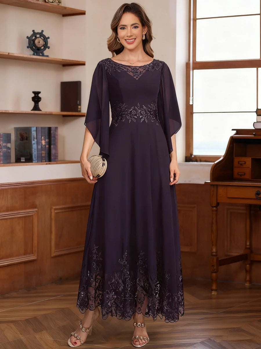 A Line Princess Chiffon Scoop Mother Of The Bride Dresses Lace Ankle Length Half Sleeves