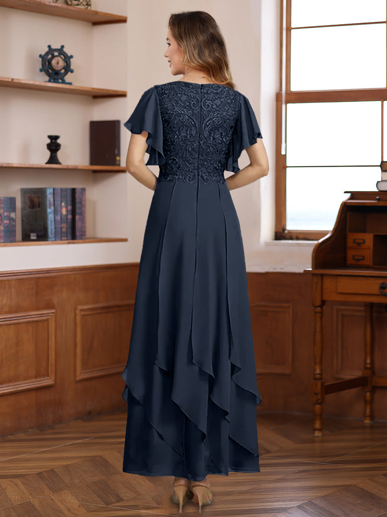A Line Princess Chiffon V Neck Mother Of The Bride Dresses Lace Ankle Length Short Sleeves Ruffles