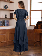 A Line Princess Chiffon V Neck Mother Of The Bride Dresses Lace Ankle Length Short Sleeves Ruffles