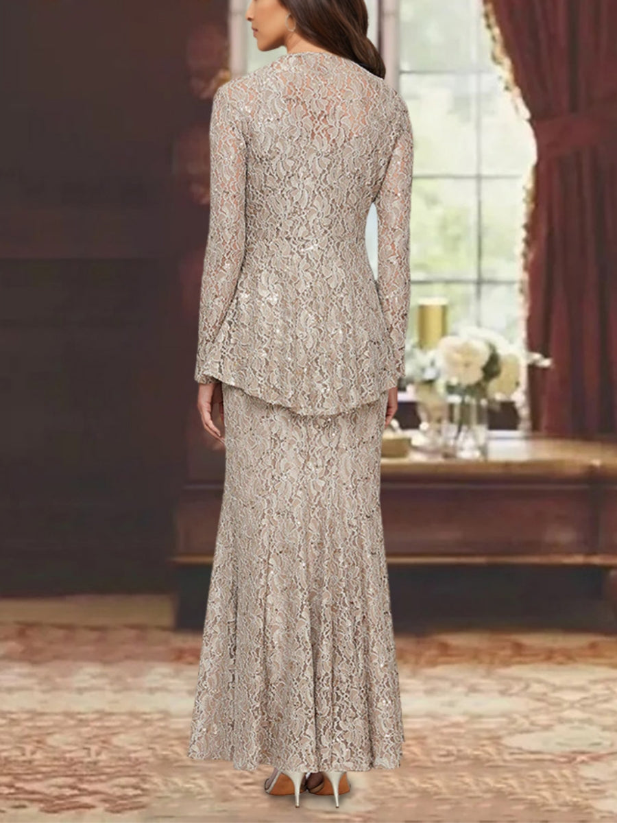 A Line Princess 2 Pieces Scoop Lace Mother Of The Bride Dresses With Jacket Long Sleeves Ankle Length