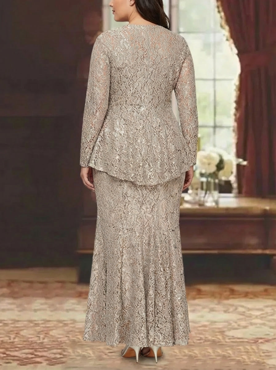 A Line Princess 2 Pieces Scoop Lace Plus Size Mother Of The Bride Dresses With Jacket Long Sleeves Ankle Length