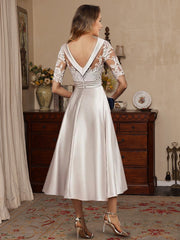 A Line Princess Scoop Satin Mother Of The Bride Dresses Lace Half Sleeves Tea Length