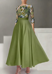 A Line Princess Satin Scoop Mother Of The Bride Dresses 3 4 Sleeves Ankle Length Floral Sequins
