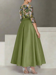 A Line Princess Satin Scoop Mother Of The Bride Dresses 3 4 Sleeves Ankle Length Floral Sequins