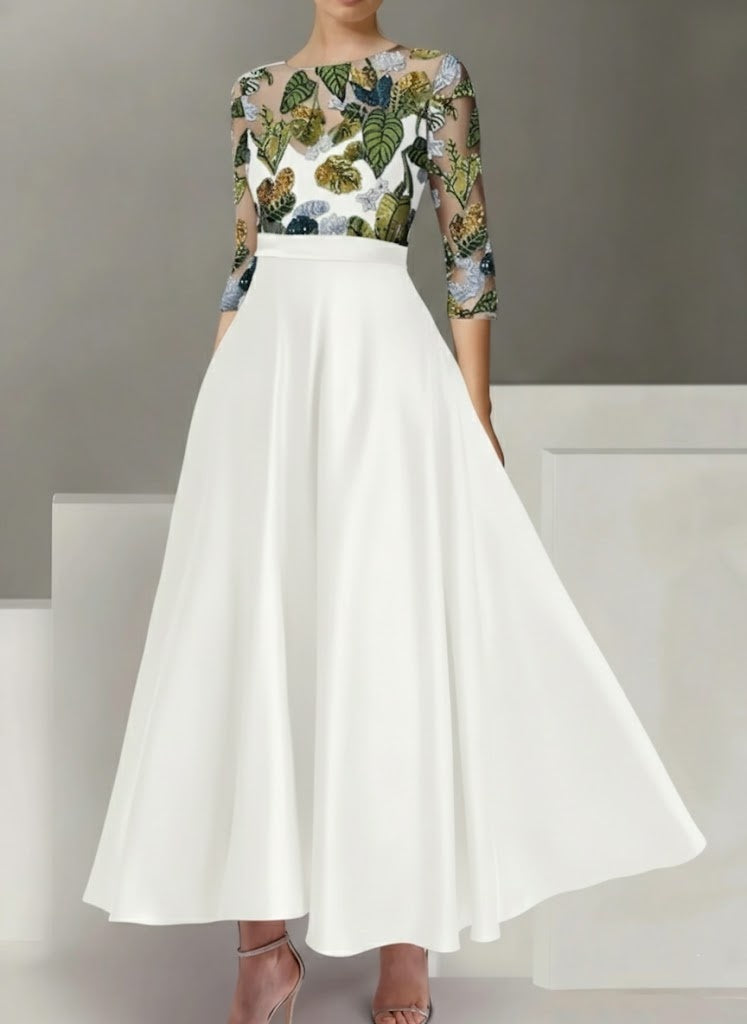 A Line Princess Satin Scoop Mother Of The Bride Dresses 3 4 Sleeves Ankle Length Floral Sequins