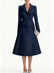 A Line Princess V Neck Mother Of Bride Dresss Blazer Long Sleeves Tea Length Belt Satin