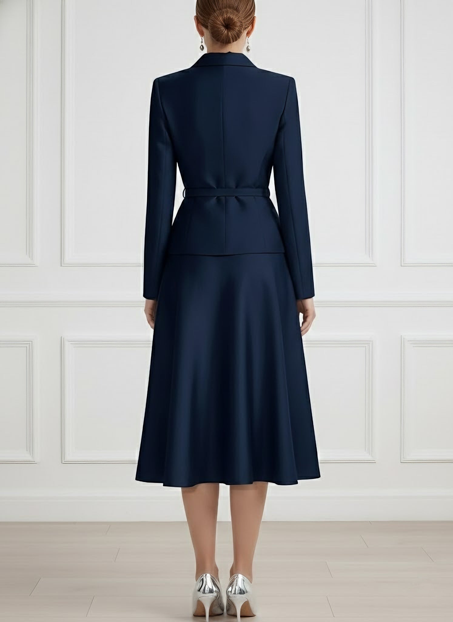 A Line Princess V Neck Mother Of Bride Dresss Blazer Long Sleeves Tea Length Belt Satin