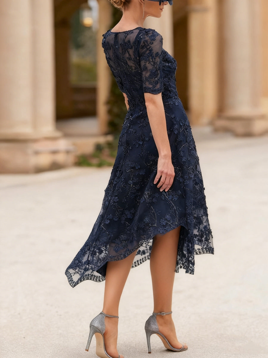 A Line Princess Scoop Lace Mother Of The Bride Dresses Tea Length Half Sleeves Cocktail Dresses