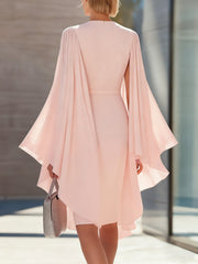 Sheath Column V Neck Chiffon Mother Of The Bride Dresses Knee Length Cape Sleeves Cocktail Dress