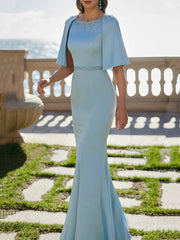 Trumpet Mermaid Scoop Satin Mother Of The Bride Dresses Beading Cape Sleeves Floor Length