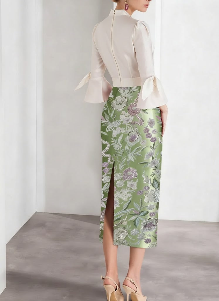 Sheath Column V Neck Satin Mother Of The Bride Dresses 3 4 Sleeves Shirt Collar Floral Tea Length Cocktail Dresses