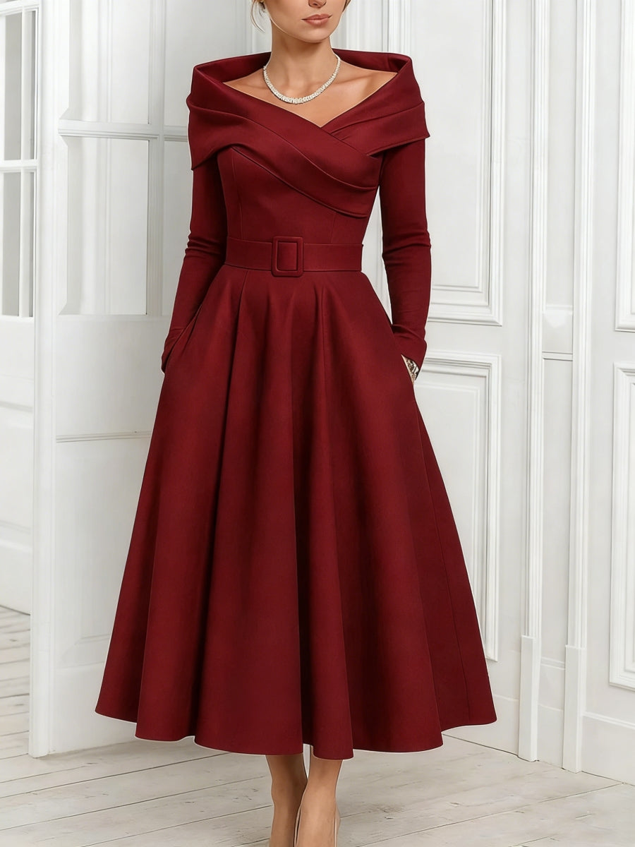 A Line Princess Off The Shoulder Mother Of The Bride Dresses Stretch Satin Belt Ankle Length Long Sleeves