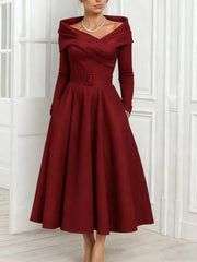 A Line Princess Off The Shoulder Mother Of The Bride Dresses Stretch Satin Belt Ankle Length Long Sleeves