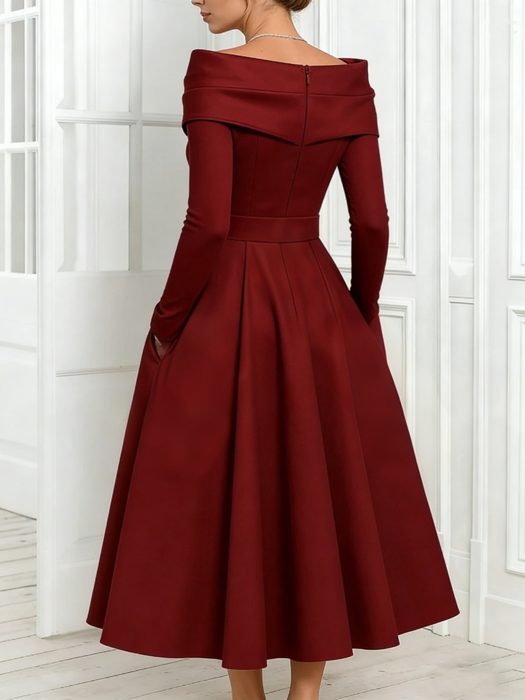 A Line Princess Off The Shoulder Mother Of The Bride Dresses Stretch Satin Belt Ankle Length Long Sleeves