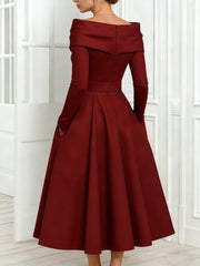 A Line Princess Off The Shoulder Mother Of The Bride Dresses Stretch Satin Belt Ankle Length Long Sleeves