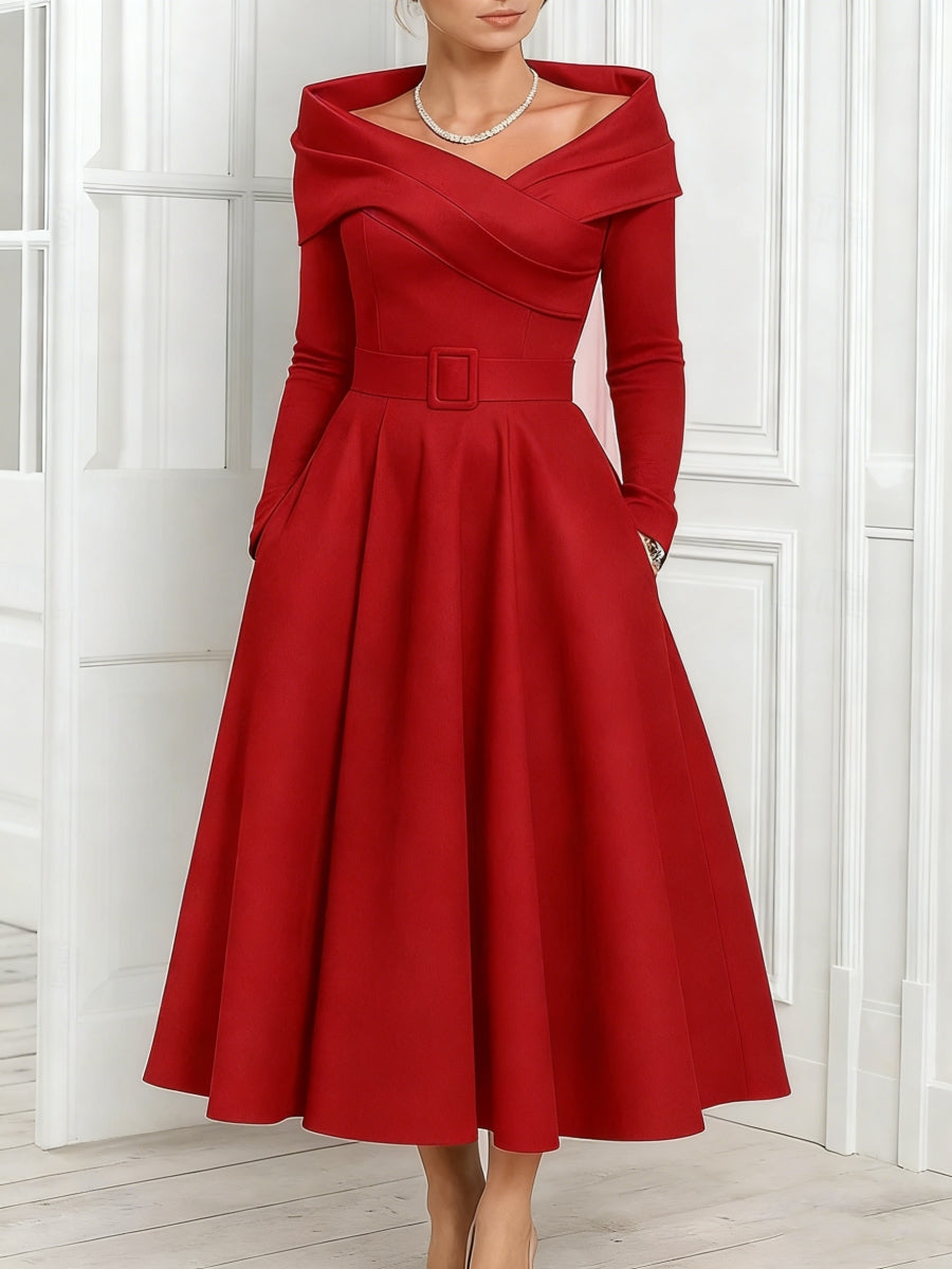 A Line Princess Off The Shoulder Mother Of The Bride Dresses Stretch Satin Belt Ankle Length Long Sleeves