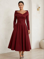 A Line Princess Off The Shoulder Mother Of The Bride Dresses Stretch Satin Belt Ankle Length Long Sleeves