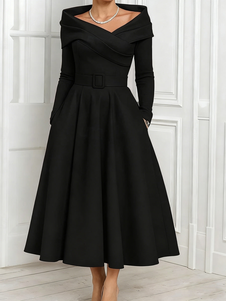 A Line Princess Off The Shoulder Mother Of The Bride Dresses Stretch Satin Belt Ankle Length Long Sleeves