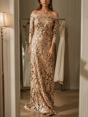 Sheath Column Off The Shoulder Lace Mother Of The Bride Dresses 3 4 Sleeves Floor Length