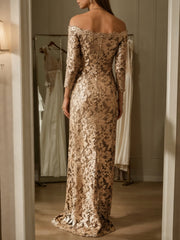 Sheath Column Off The Shoulder Lace Mother Of The Bride Dresses 3 4 Sleeves Floor Length