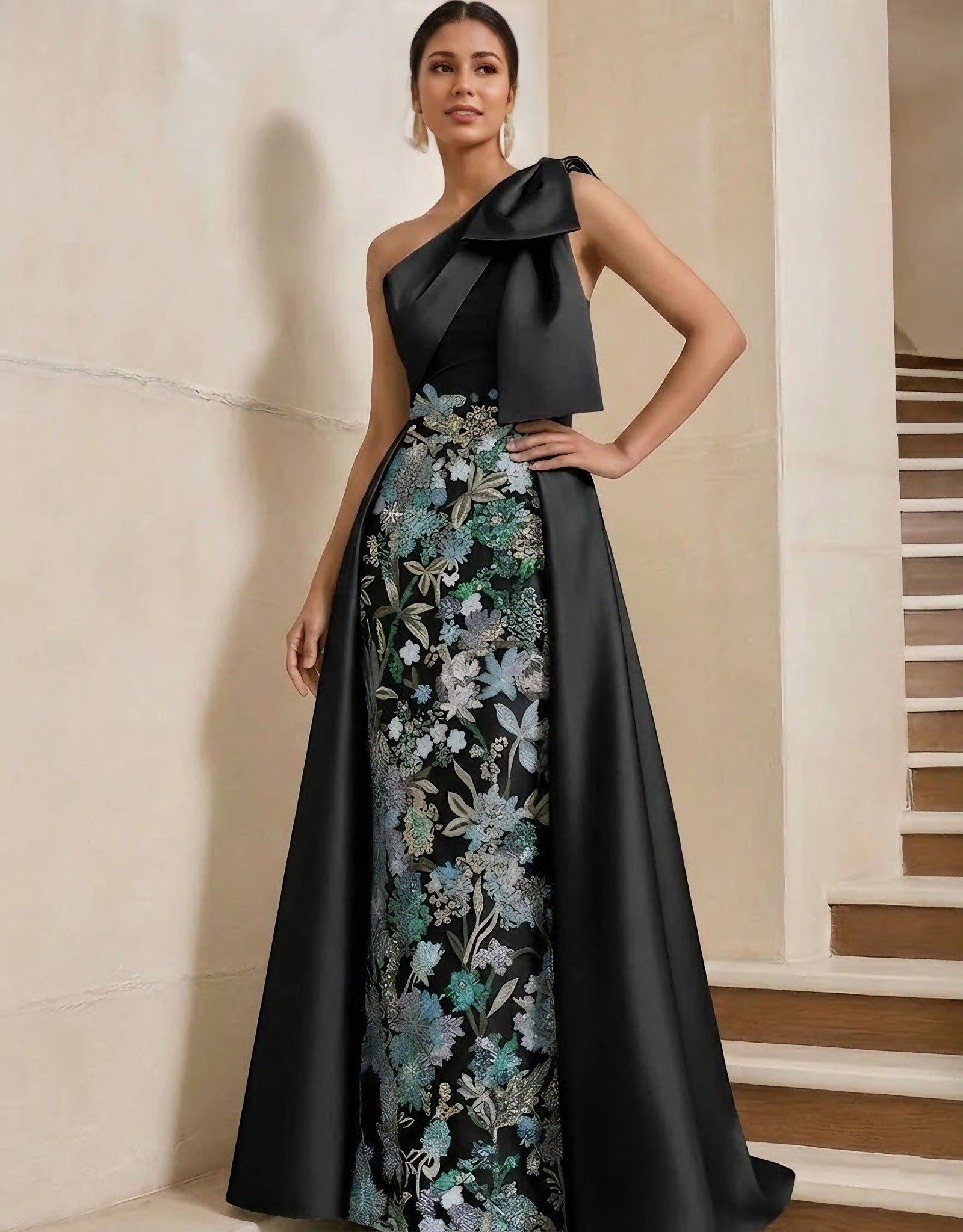 Sheath Column One Shoulder Satin Mother Of The Bride Dresses With Overskirt Sleeveless Floral Floor Length Bow