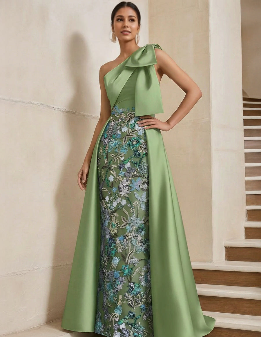 Sheath Column One Shoulder Satin Mother Of The Bride Dresses With Overskirt Sleeveless Floral Floor Length Bow