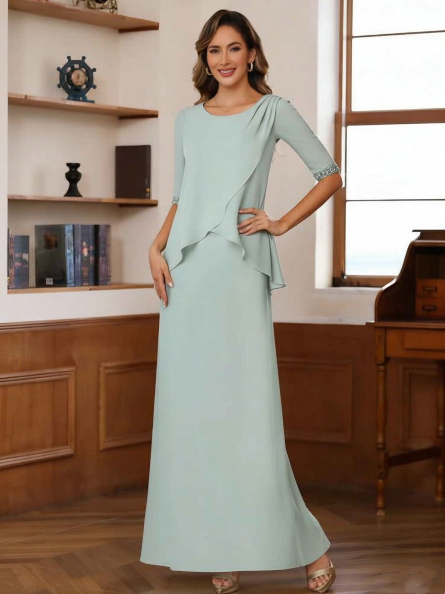 Sheath Column Scoop Chiffon Mother Of The Bride Dresses Ankle Length Half Sleeves Sequins Ruched