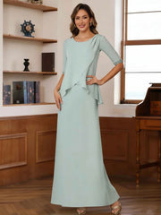 Sheath Column Scoop Chiffon Mother Of The Bride Dresses Ankle Length Half Sleeves Sequins Ruched