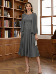 A Line Princess Scoop Chiffon Mother Of The Bride Dresses With Jacket Tea Length Long Sleeves Lace