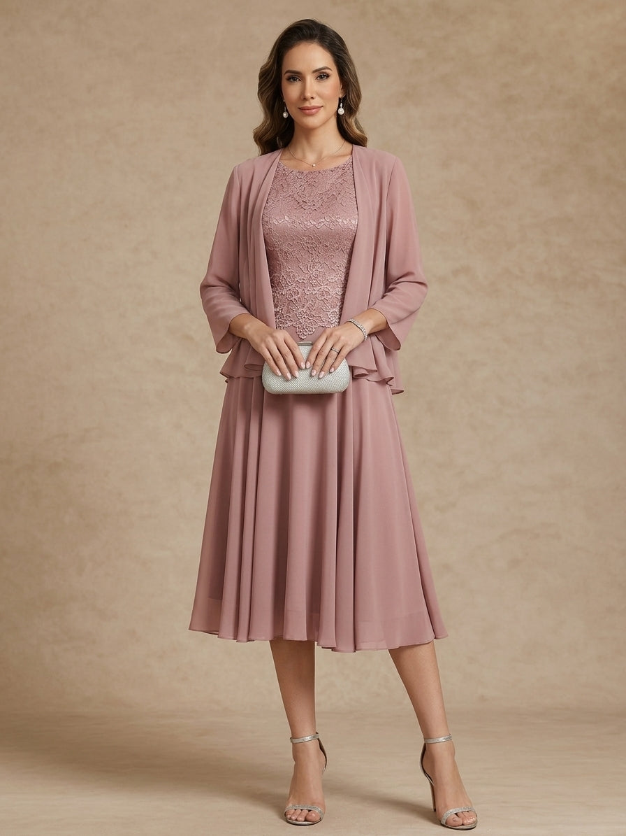 A Line Princess Scoop Chiffon Mother Of The Bride Dresses With Jacket Tea Length Long Sleeves Lace