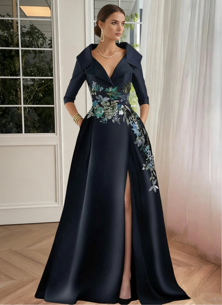A Line Princess Shirt Collar Satin Mother Of The Bride Dresses Half Sleeves Floral Sequins Lace Floor Length With Split Side