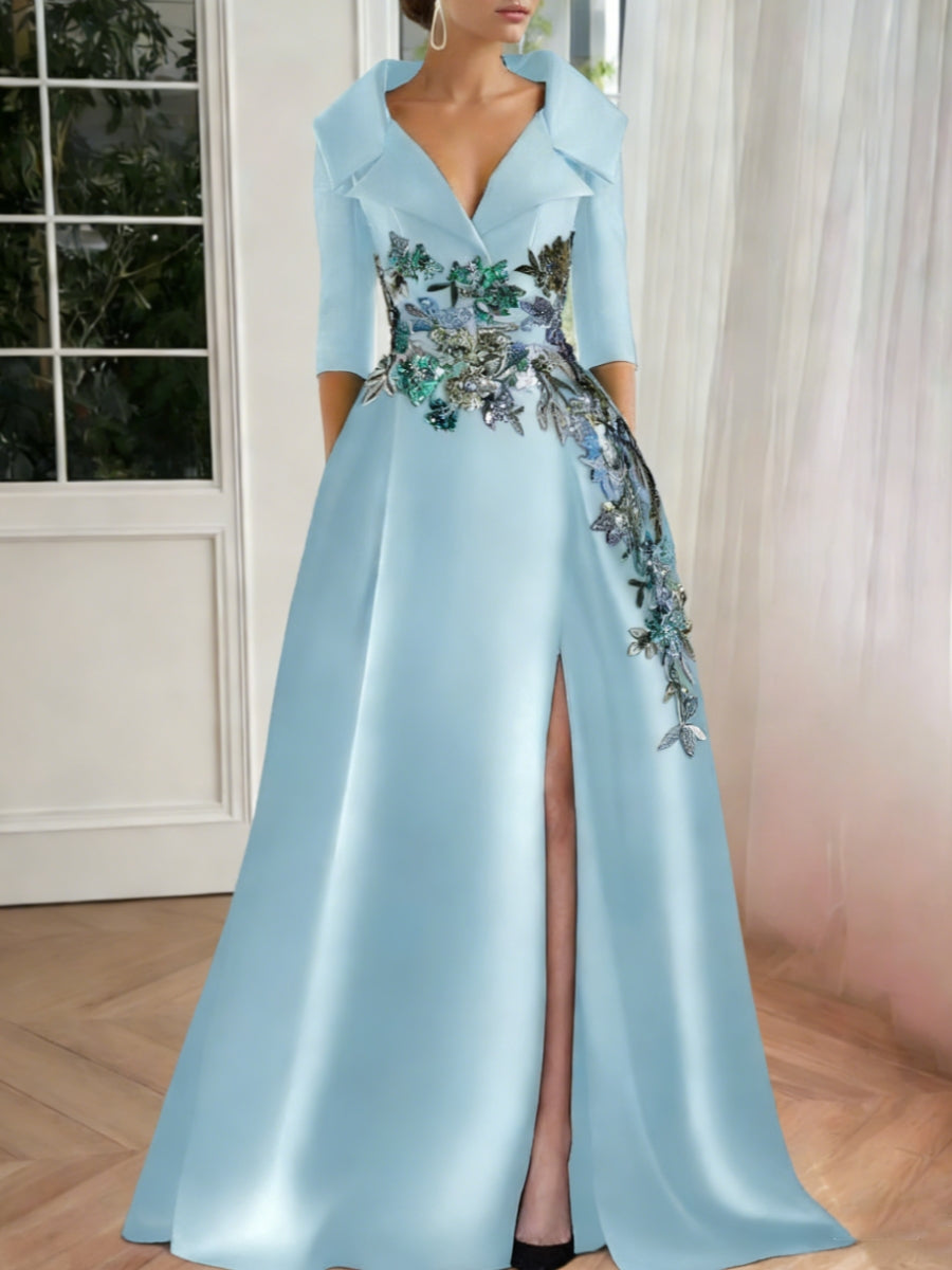 A Line Princess Shirt Collar Satin Mother Of The Bride Dresses Half Sleeves Floral Sequins Lace Floor Length With Split Side