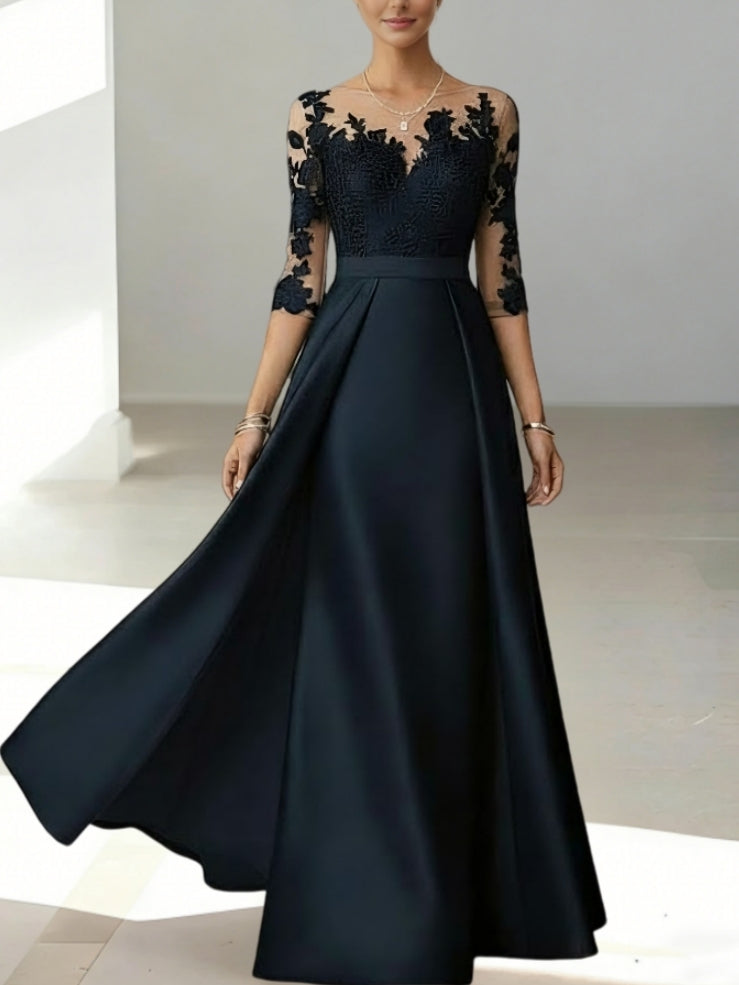 A Line Princess Scoop Satin Mother Of The Bride Dresses 3 4 Sleeves Lace Floor Length Floral