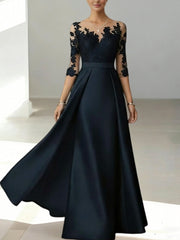 A Line Princess Scoop Satin Mother Of The Bride Dresses 3 4 Sleeves Lace Floor Length Floral