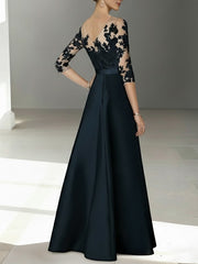 A Line Princess Scoop Satin Mother Of The Bride Dresses 3 4 Sleeves Lace Floor Length Floral