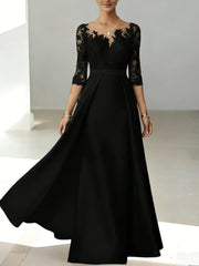 A Line Princess Scoop Satin Mother Of The Bride Dresses 3 4 Sleeves Lace Floor Length Floral