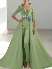 A Line Princess Shirt Collar Satin Mother Of The Bride Jumpsuit Overskirt Floral Sequins Pocket Half Sleeves Floor Length